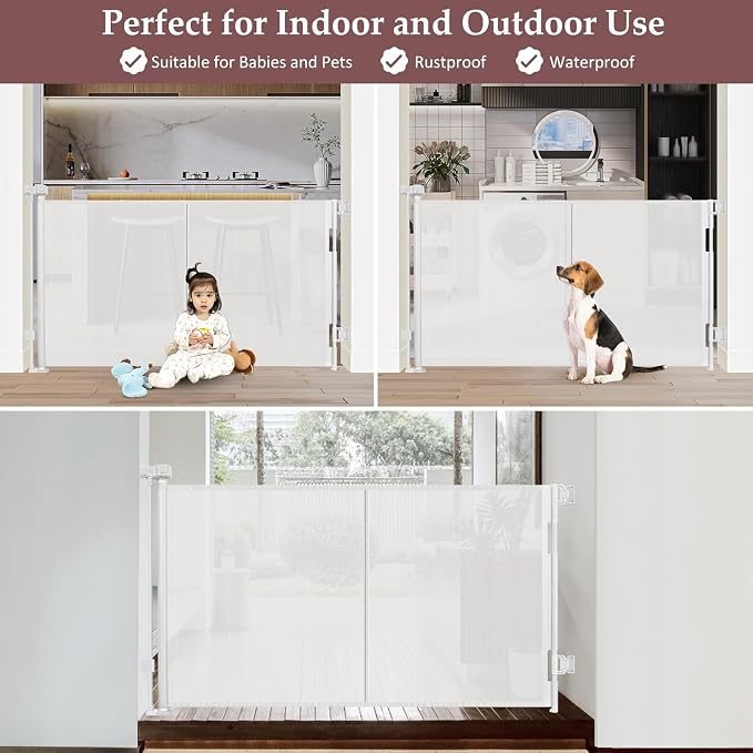 Reinforced 41 Inch Extra Tall Pet Gate 55 Inch Wide Retractable Baby Gates with Support Rods – Prevents Crawling Under, Outdoor Tall Baby Gates for Dogs Indoor Dog Gates for Doorways, White