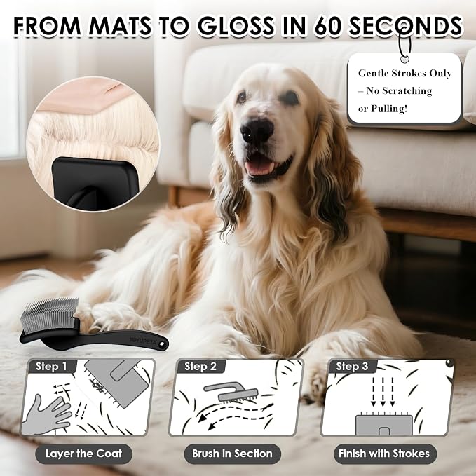 Large Dog Slicker Brush for Goldendoodles, Poodles - 3 in 1 Grooming Kit with Undercoat Rake & Comb - Extra Long Pins Slicker Brush for Dematting, Thick Coats, Shedding, Detangling, Black