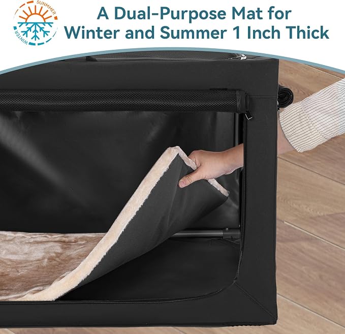 PETSFIT Portable Dog Crate for Small Dogs, – 24" Soft Dog Travel Crates with Lockable Zippers & Thicken Mat, Adjustable Patented Spiral Steel Frame, Collapsible Kennel for Indoor & Outdoor
