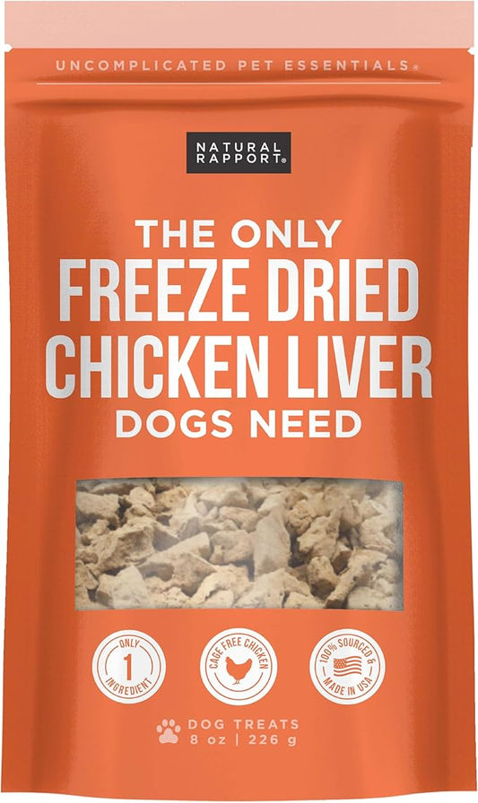 Natural Rapport Freeze Dried Chicken Liver Dog Treats - Single Ingredient, High Protein Training Treats for Small & Large Dogs (8 oz Value Size) (1000+ Treats)