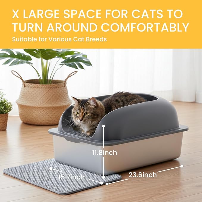 Simple Deluxe XL Stainless Steel Cat Litter Box with Lid, High Sided Metal Litter Pan for Large Cats, Urine-Proof Non-Stick & Easy to Clean, Dark Gray