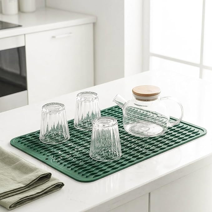MicoYang Silicone Dish Drying Mat — Quick-Dry Ridges Counter & Sink Pad, Heat-Resistant Trivet to 450°F, Non-Slip & Dishwasher Safe, Roll-Up Storage, 18 Colors & 9 Sizes (Green, 16"×12")