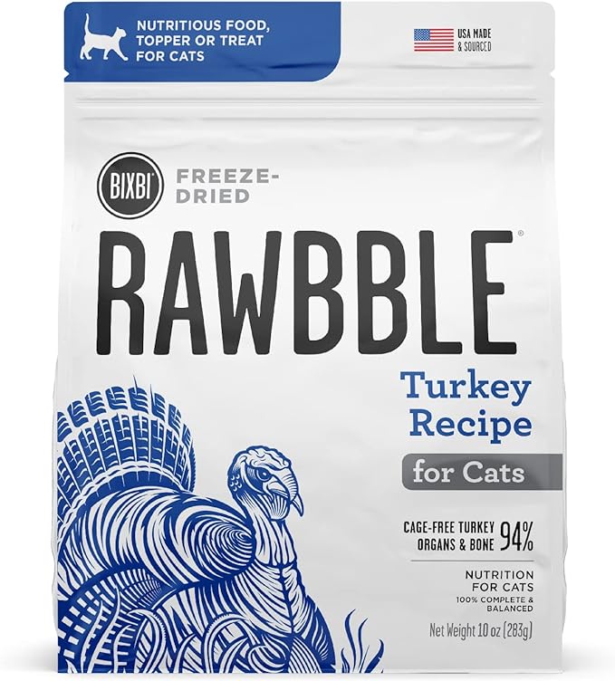 BIXBI Rawbble Freeze Dried Cat Food, Turkey Recipe, 10 oz - 94% Meat and Organs, No Fillers - Pantry-Friendly Raw Cat Food for Meal, Treat or Food Topper - USA Made in Small Batches