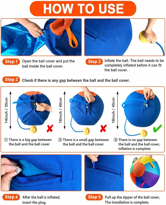 10/18/22" Calming Jumbo Ball for Dogs Durable Tear-Resistant Inflatable Big Ball Tough Herding for Play Exercise Toy with Heavy-Duty Handle Cover & Pump Fun Doggy Herding Dog Giant Tennis(A,18in)