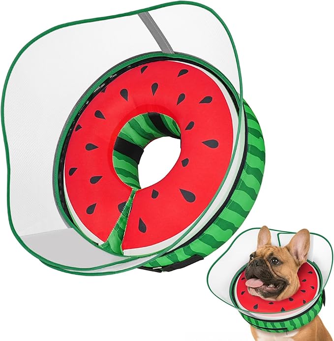 Supet Raised Inflatable Dog Cone After Surgery - Adjustable Recovery Donut Collar with Removable Shield to Stop Licking Wounds & Protect Stitches - Soft Dog Cone Alternative for Dogs (Watermelon,S)