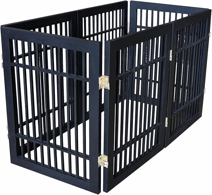 Urnporium Pet Dog Gate Freestanding, Strong Durable Folding Wooden Fence, Portable Acacia Hardwood Safety Barrier for Indoor & Outdoor Use (Black Pet Gate, 6 Panel 24" Tall)