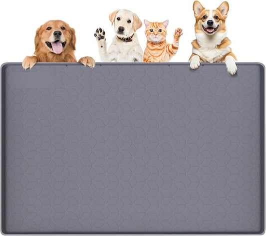 Dog Food Mat, Extra Large 34" x 22" Silicone Pet Feeding Mat with Raised Edge Pet Placemat for Small, Medium, and Large Pets Non-Slip, Easy to Clean (Dark Grey)