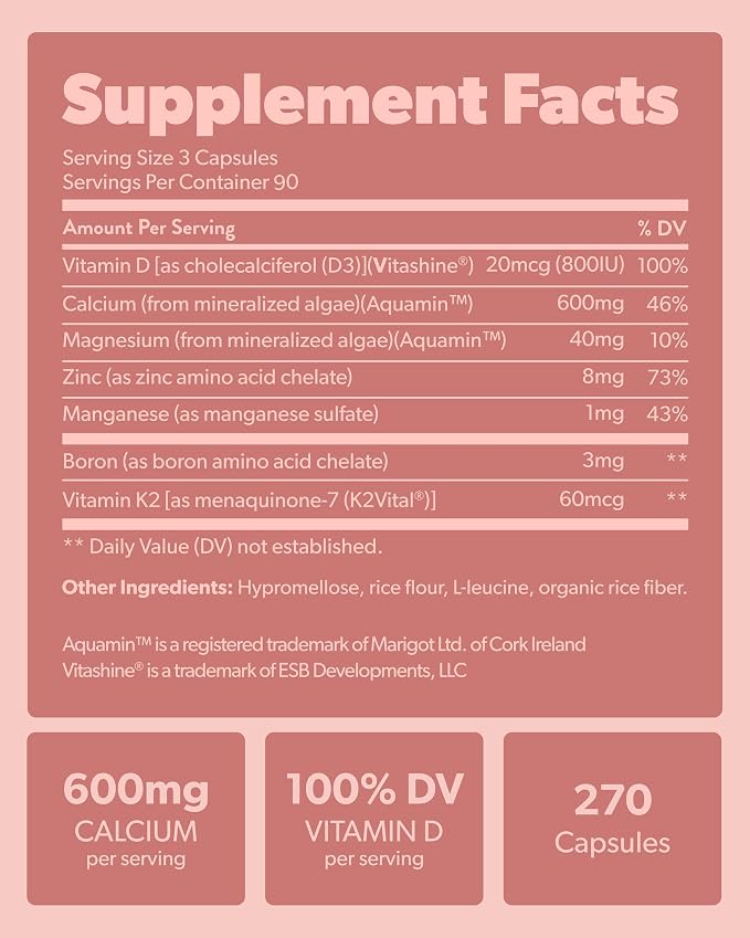 sapling Calcium Supplement - Whole Food with Vitamin K2 & D3, Magnesium, Zinc, Boron, Mineral Complex. Sourced Sustainably from Red Algae. for Bone Strength and Support. Non-GMO & Vegan (270 Count)