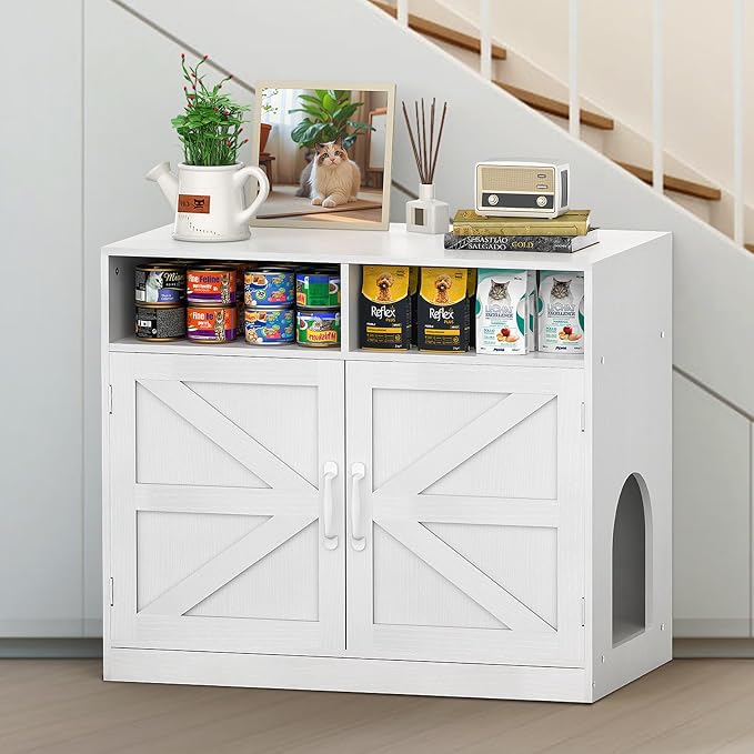 Hidden Cat Litter Cabinet,Ultra-Large Wooden Enclosed Litter Box Fumiture 2-Door Storage Cabinet 2 Open Drawers 1Air Vents Cat Litter Furniture Fit Most of Litter Box.(Whits, No Drawers)