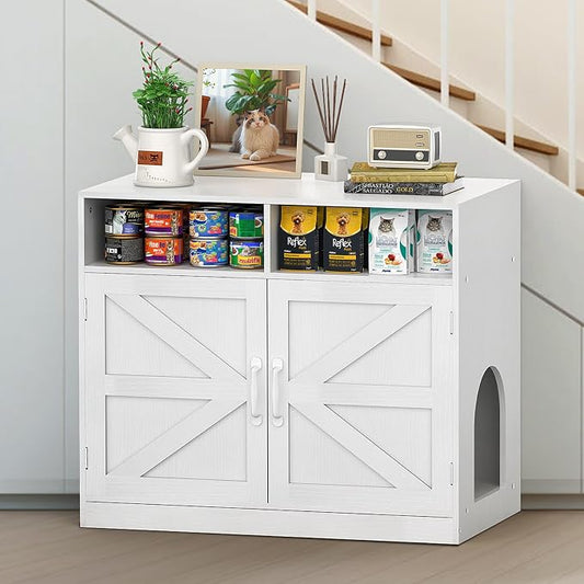 Hidden Cat Litter Cabinet,Ultra-Large Wooden Enclosed Litter Box Fumiture 2-Door Storage Cabinet 2 Open Drawers 1Air Vents Cat Litter Furniture Fit Most of Litter Box.(Whits, No Drawers)