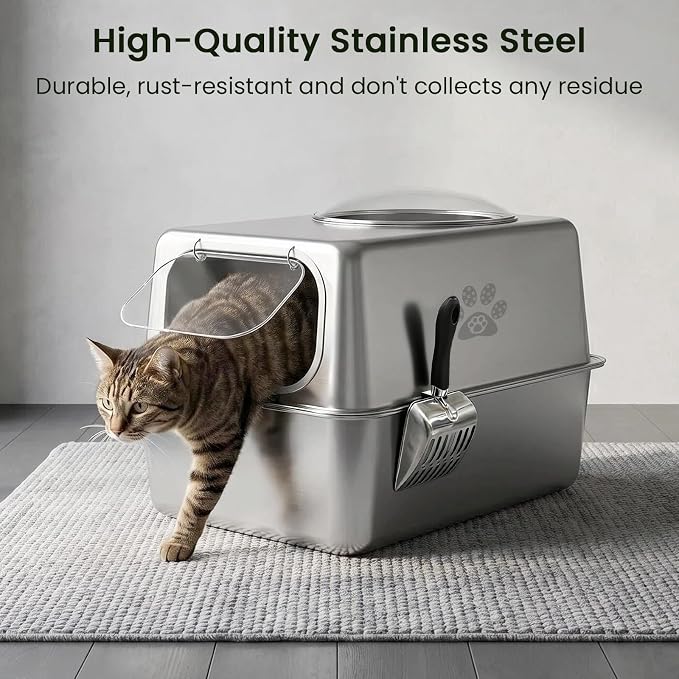 Ptlom Enclosed Stainless Steel Cat Litter Box with Lid, Extra Large Metal Litter Box, Leak-Proof High Sided Covered Litter Box for Kitties & Multi Cats, Non-Stick, Includes Litter Mat & Scoop