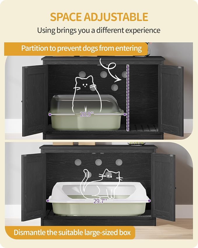Hzuaneri Cat Litter Box Enclosure with Cushion, Hidden Litter Box Furniture with Removable Dividers, Reversible Entrance Left or Right Side, Cat House, Black CB84604X