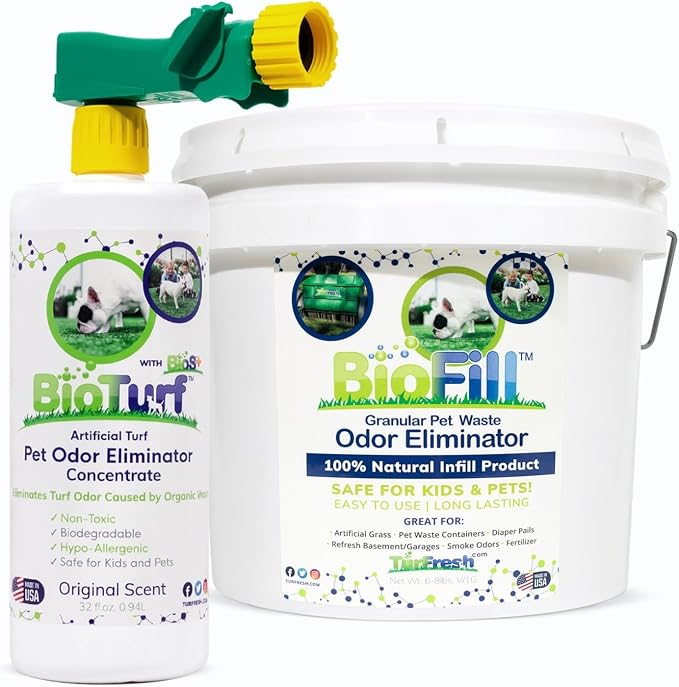 BioTurf Mini Power Pack Turf Cleaner for Pet Urine Outdoor - Artificial Turf Cleaner Concentrate - Yard Deodorizer for Dog Urine & Feces - Enzyme Kennel Odor Eliminator 32 oz Spray & 8 lb Infill