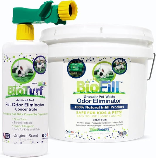 BioTurf Mini Power Pack Turf Cleaner for Pet Urine Outdoor - Artificial Turf Cleaner Concentrate - Yard Deodorizer for Dog Urine & Feces - Enzyme Kennel Odor Eliminator 32 oz Spray & 8 lb Infill