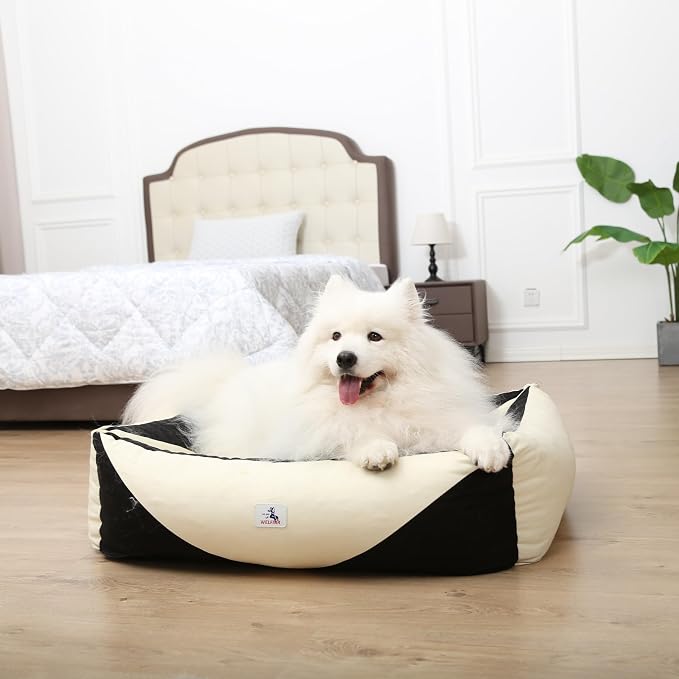 Cotton Canvas Dog Bed, Dog Beds Large Sized Dog, Orthopedic Bed with Washable Removable Cover, Durable 290 GSM Cotton Anti-Chewing Pet Bed with Anti-Slip Bottom (38"x30"x12", Black&White)