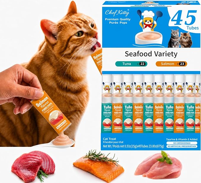 Cat Treats Lickable | Grain-Free Tuna & Salmon Cat Treats | Creamy Puree Squeeze Ups with Vitamin E & Taurine, Digestible Formula | 0.5 oz. Each Tube, Seafood Mix Variety | 45 Tubes