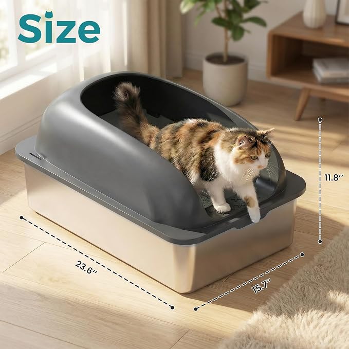 OLIXIS Stainless Steel Cat Litter Box with Lid, Large Cat Litter Box for Big Cats, High Wall Sides, Anti-Urine Leakage, Easy Cleaning, Scoop and Mat Included, Easy Cleaning, Dark Gray
