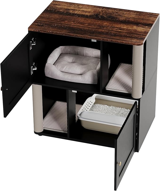 Double Cat Litter Box Enclosure, 2-Tier Hidden Litter Cabinet for 2 Cats, Space-Saving Wooden Cat Washroom with Built-in Scratching Post, Large Indoor Pet House Side End Table