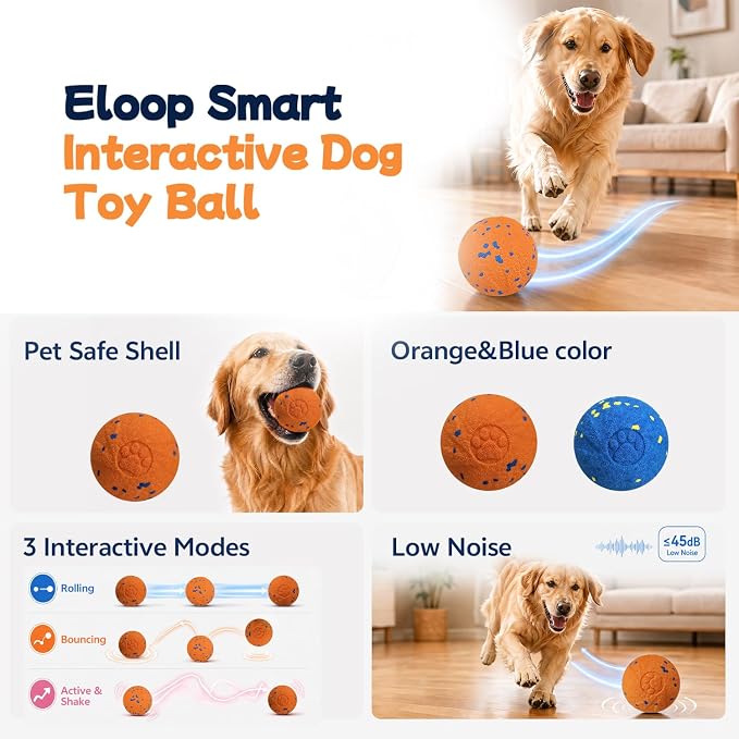 Smart Interactive Dog Toy Ball, 3 Automatic Bouncy Modes, Durable E-TPU Material for Chewing, Rechargeable and IPX7 Waterproof, Enrichment Toy for Medium and Large Dogs (Orange)
