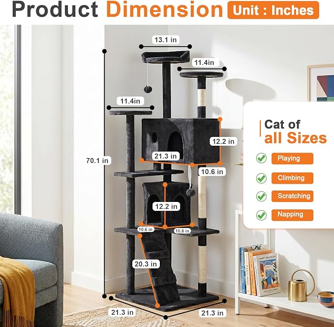 FDW | 70" Cat Tree Tower | Dark Gray | Multi-Level Indoor Activity Center with Sisal Scratching Posts, Condos, Plush Perches, Hanging Cat Toys | Sturdy, Easy to Assemble | for Kittens & Adult Cats