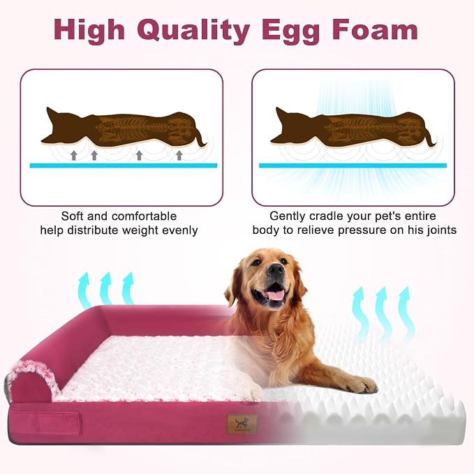 XXL Orthopedic Dog Bed - Breathable Egg-Crate Foam Sofa Couch with Bolster, Water-Resistant Liner & Washable Rose Velvet - Ideal for German Shepherds, Boxers, Rose Pink, (48'' x 30'')