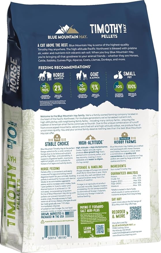 Blue Mountain Hay High Altitude Timothy Hay Pellets (40 lb), Ultra Premium Nutrient Dense Forage, Small Quick Soaking Low Dust Pellets, Easy to Measure, Automatic Feeder Friendly