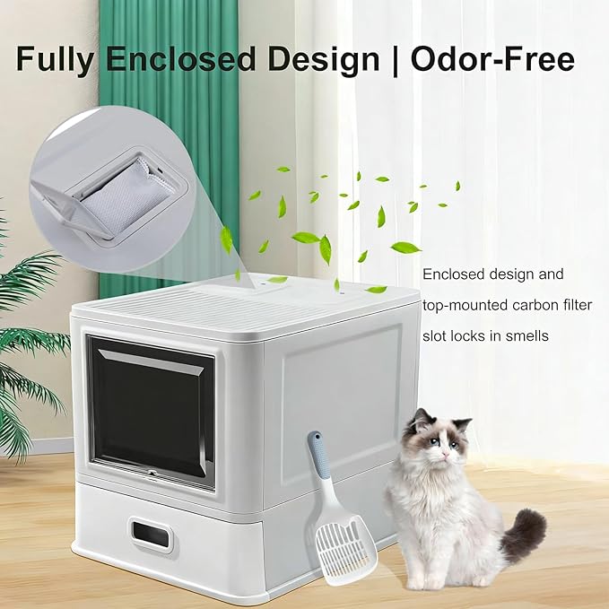 Marchul Enclosed Stainless Steel Cat Litter Box XL with Lid & Deeper Drawer Design for Indoor Cats, Metal Covered Litter Box, Baffles for Anti-Leakage, with Litter Scoop & Litter Mat