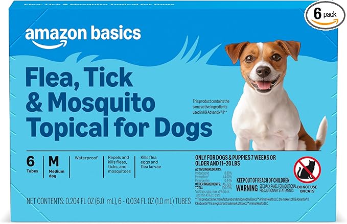 Amazon Basics Flea, Tick & Mosquito Topical Treatment & Prevention for Medium Dogs (11-20 pounds), Fast-Acting, Kills Fleas, Eggs & Larvae, 30 Day Protection, 6 Count, Packaging May Vary