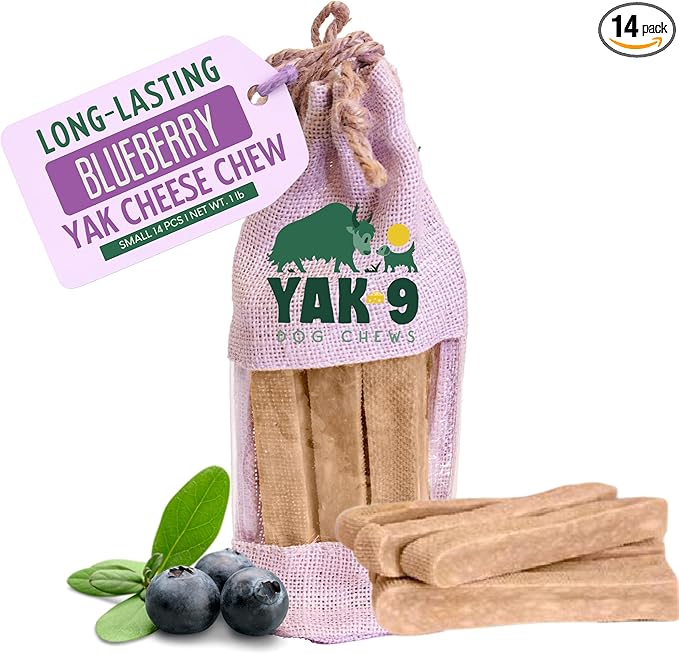 Yak9 Himalayan Yak Cheese Dog Chews, Blueberry | High Protein, Non Rawhide Dog Chews Long Lasting | Non GMO, Gluten Free, Grain Free Yak Milk Dog Chew | Small Size, 14 PC