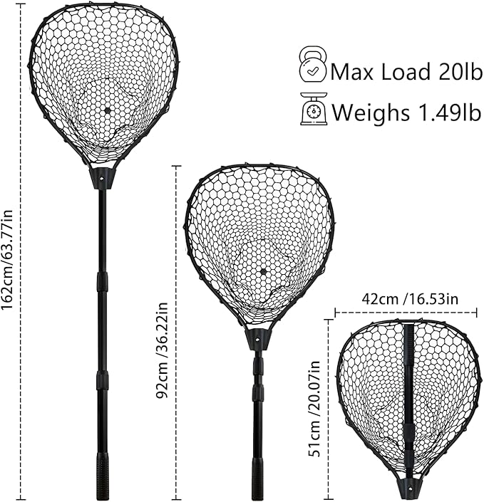 Telescoping Rubber Fishing Net with Handle 64"/46“ Long Silicone Large Fish Landing Net Kayak/Fishpond/Saltwater Extendable Fishing Gear Accessories