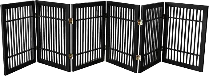 Urnporium Pet Dog Gate Freestanding, Strong Durable Folding Wooden Fence, Portable Acacia Hardwood Safety Barrier for Indoor & Outdoor Use (Black Pet Gate, 6 Panel 24" Tall)