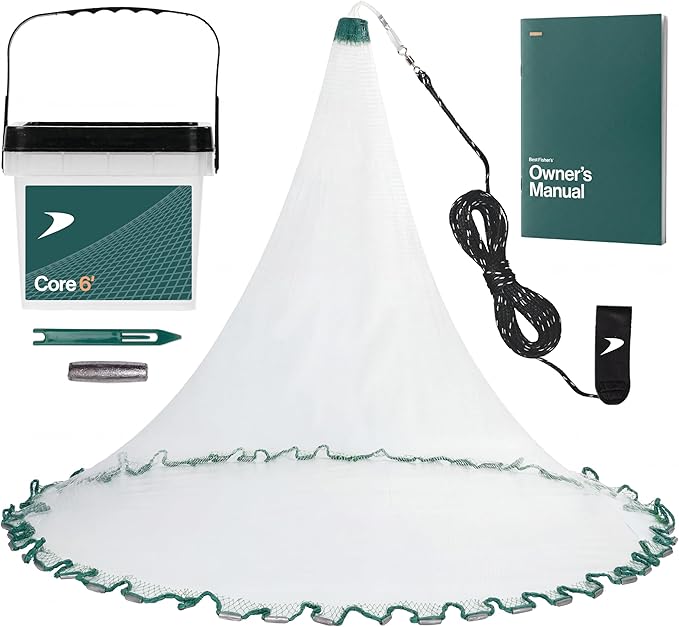 American Pro Cast Net - 4ft/6ft/8ft/10ft/12ft - 3/8" Mesh - Real Lead 1-lbs/ft Double Line - 2024 Upgraded & Optimized - Old Salt Premium Cast Nets for Fishing - E-Book & Utility Box Included
