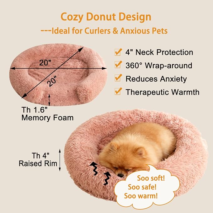Calming Dog & Cat Beds with Orthopedic Egg-Crate Foam Raised Rim, Soft Fluffy Faux Fur Pet Bed for Small Medium Dogs, Anxiety Relief Spine Support, Machine Washable (Round, Blush Pink 20")