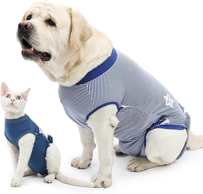 ETIAL Dog Post-Surgery Recovery Suit Breathable Surgical Shirt for Dogs with Adjustable Strap & Drawstring, Cone Alternative, Prevents Licking Wounds, Easy to Put On (Stripy Blue, Large)