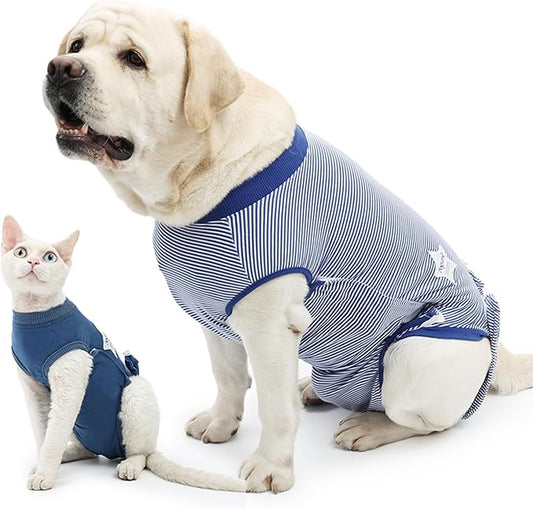 ETIAL Dog Post-Surgery Recovery Suit Breathable Surgical Shirt for Dogs with Adjustable Strap & Drawstring, Cone Alternative, Prevents Licking Wounds, Easy to Put On (Stripy Blue, Large)