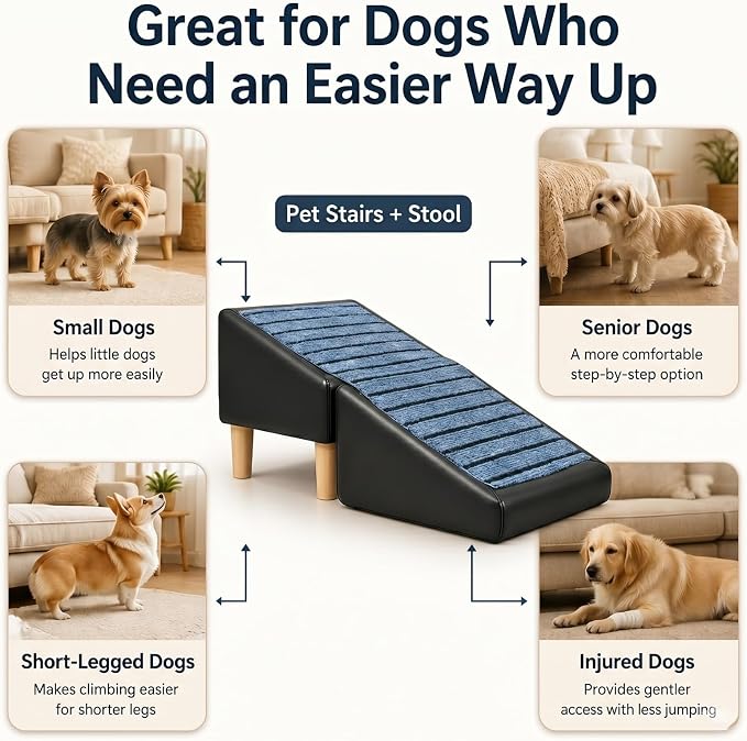 Large Dog Stairs for Bed 17" H - Heavy Duty Non-Slip 2-in-1 Ottoman | Fits 12-17" Medium Beds/Couches, Supports 30-80lbs Dogs for Senior Pets