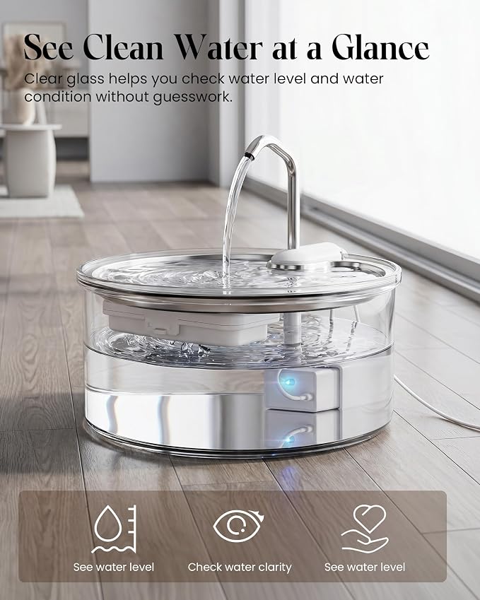 Tomxcute Glass Cat Water Fountain - 108oz/3.2L Ultra-Quiet Cat Fountain for Drinking, Elegant Easy to Clean Glass Pet Water Fountain for Cats, Small Dogs, Multiple Pets, Model Number P11G1