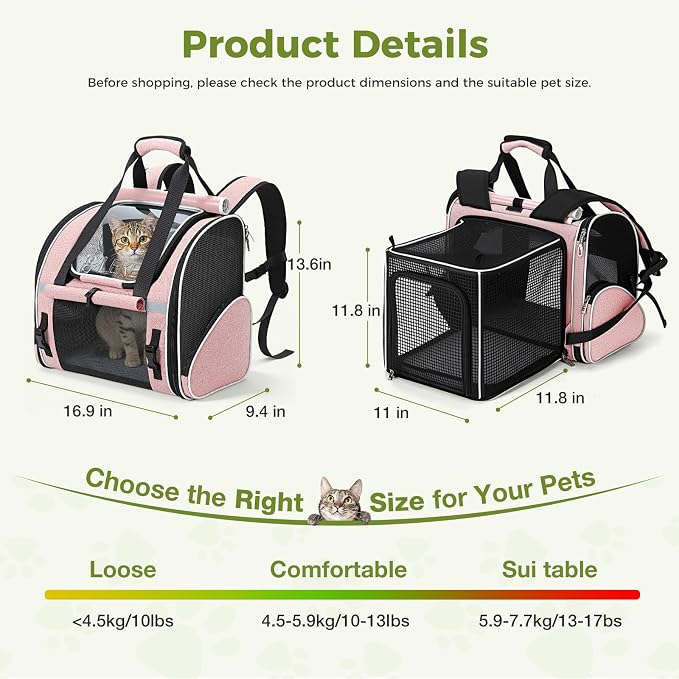 Lekereise Widened Pet Backpack Travel, Wide Pet Carrier Backpack for Cats and Small Dogs up to 18 lbs, Breathable Mesh Backpack Carrier with Sun Shade, Leash, Hand Carry for Travel Vet Car, Pink