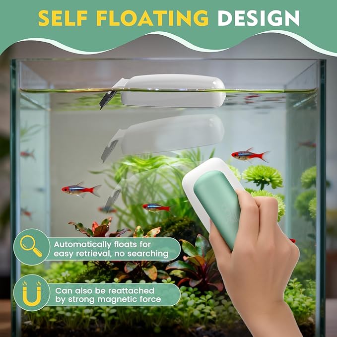 AQQA Aquarium Magnet Glass Cleaner - Enhanced Magnetic Fish Tank Cleaner with 2 Types of Blades, Self-Floating Aquarium Glass Scrubber Algae Scrapers for up 0.32" Thick Glass/Acrylic Aquariums (S)