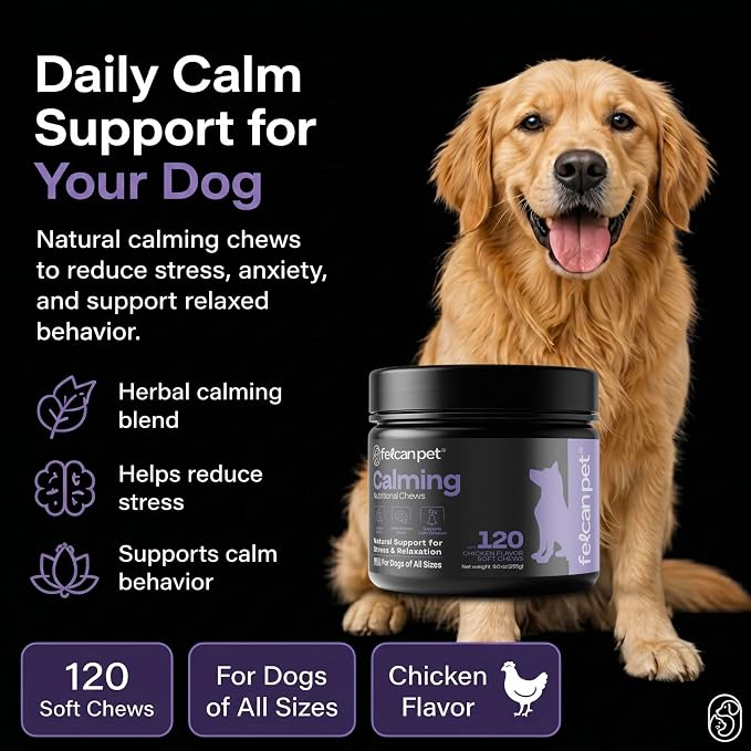 Calming Chews for Dogs – Natural Support for Dog Anxiety, Stress & Relaxation with L-Theanine, Chamomile & Melatonin – Chicken Flavor – 120 Soft Chews
