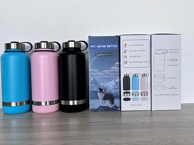 Stainless Steel Dog Water Bottle 32oz with Built-in Bowl, Leak-Proof Travel Pet Water Dispenser, Carry Loop for Walking, Hiking, Outdoor Use (Black)