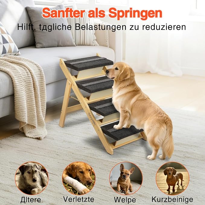 Wooden Dog Stairs& Dog Steps, 2-in-1 Foldable Dog Steps for High Beds, Couch and Cars, Anti-Slip Pet Ramp with 4 Steps Indoor Pet Stairs for Small Medium Large Older Pet Cats up to 150lbs