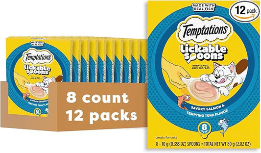 Temptations Lickable Spoons, Soft Lickable Cat Treats, Adult Wet Cat Treats, Savory Salmon and Tempting Tuna Flavor, 8 Spoons, Pack of 12 (96 Total)