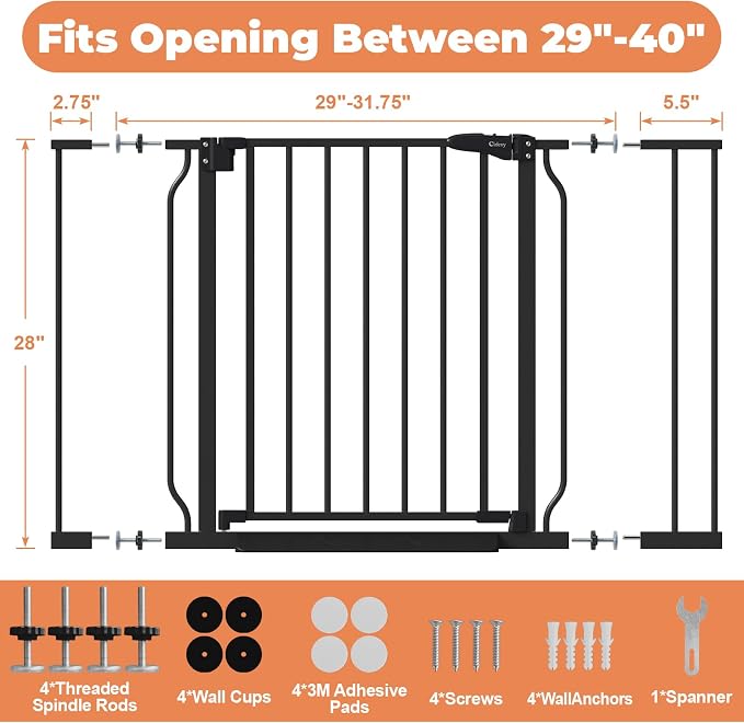 Baby Gate for Stairs No Drilling, 29"-40" Auto Close Dog Gate Indoor | Doorways & Stairs, Pressure Mounted Adjustable Pet Gate, Easy Walk Through Child Gate for Children & Pets Stroller Friendly