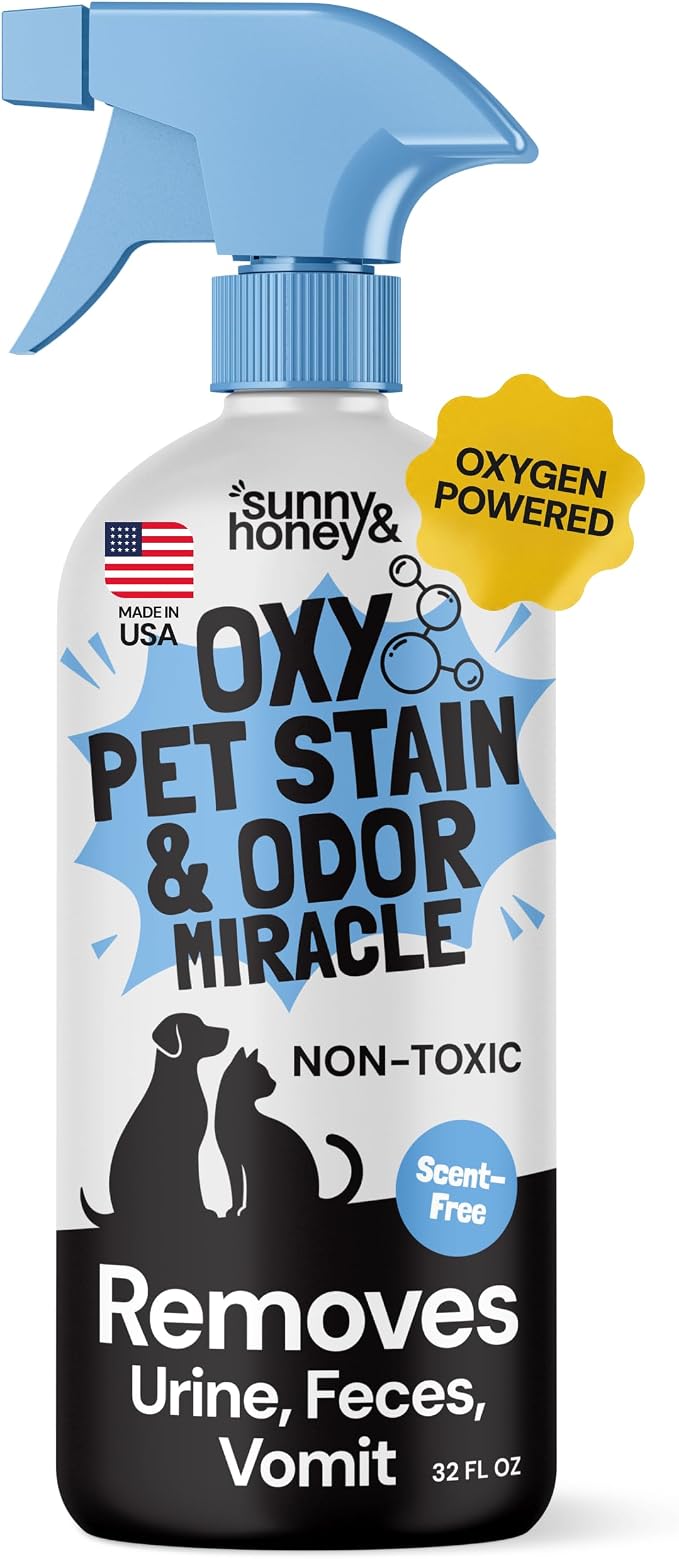 Sunny & Honey Oxy Pet Stain and Odor Eliminator - Oxygen Powered Carpet Cleaner Spray and Upholstery Cleaner - Pet Stain Remover for Rugs, Couches and Mattresses - Unscented (32 fl oz)
