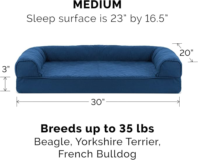 Furhaven Memory Foam Dog Bed for Medium/Small Dogs w/ Removable Bolsters & Washable Cover, For Dogs Up to 35 lbs - Quilted Sofa - Navy (Blue), Medium