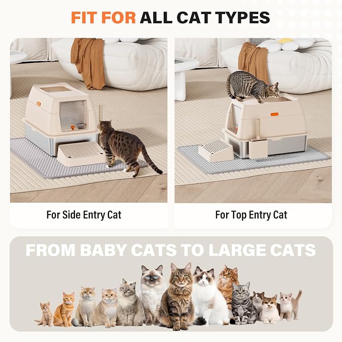 Removable Stainless Steel Cat Litter Box with lid, Front & Top Entry Kitty LitterBox，Cat Litter Box Enclosure, XL Extra Large High-Sided Metal Cat Box with Scoop,Mat,Footboard (Cream)