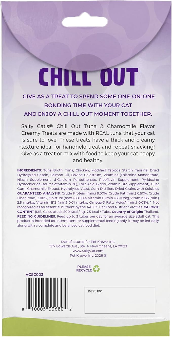 Salty Cat VitaCat Chill Out Natural Creamy Tuna & Pumpkin Functional Tube Treats for Cats, 15g (12 Pack)
