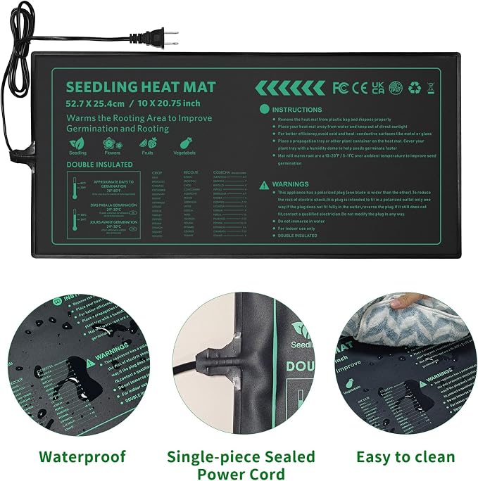 Seedling Heat Mat for Seed Starting,10" x 20.75" Waterproof Heating Pad for Indoor Plants Germination, Gardening, Hydroponic, Greenhouse