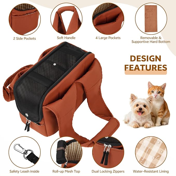 Dog Purse Carrier for Small Dogs and Cats, Soft-Sided Pet Tote Bag with 6 Large Pockets, Collapsible Travel Puppy Carrier, Fits Pets up to 13 lbs (Caramel, 15.7" L x 8" W x 11.8" H)
